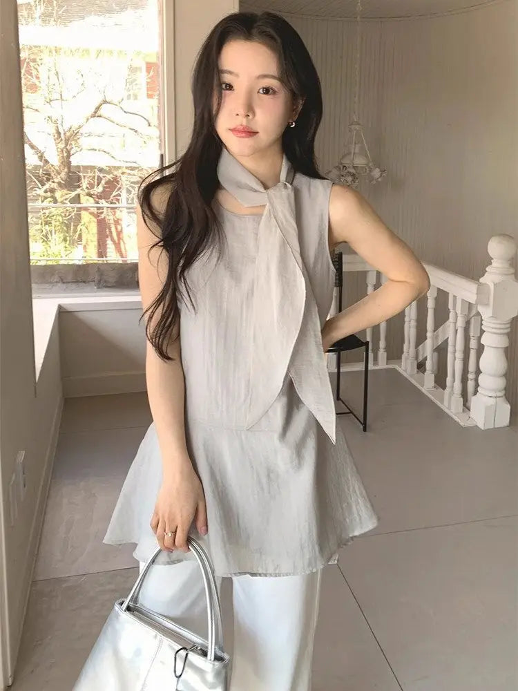 Multiway Ribbon Tie Sleeveless Blouse Asymmetrical Loose Layering