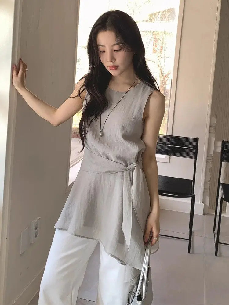 Multiway Ribbon Tie Sleeveless Blouse Asymmetrical Loose Layering