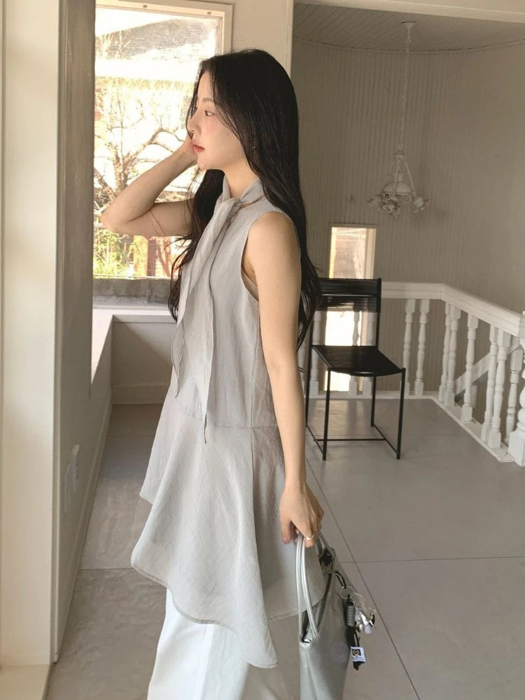 Multiway Ribbon Tie Sleeveless Blouse Asymmetrical Loose Layering
